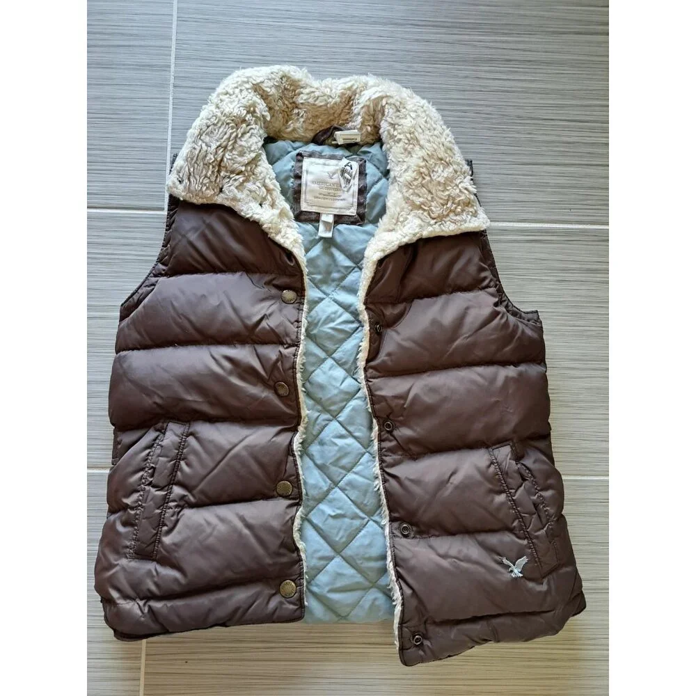 Y2K American Eagle Small Vest Sherpa Lined Collar Puffer Down Filled Brown - Picture 1 of 7
